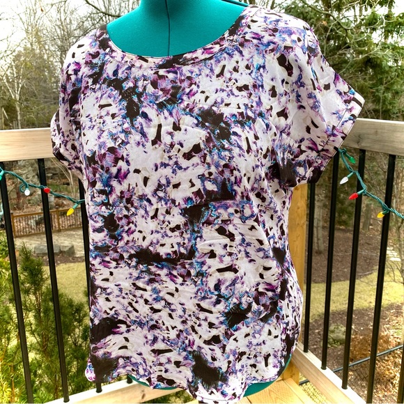 2for$30 CYNTHIA ROWLEY Sheer Short Sleeve Black Purple Office Blouse Size L - Picture 2 of 5